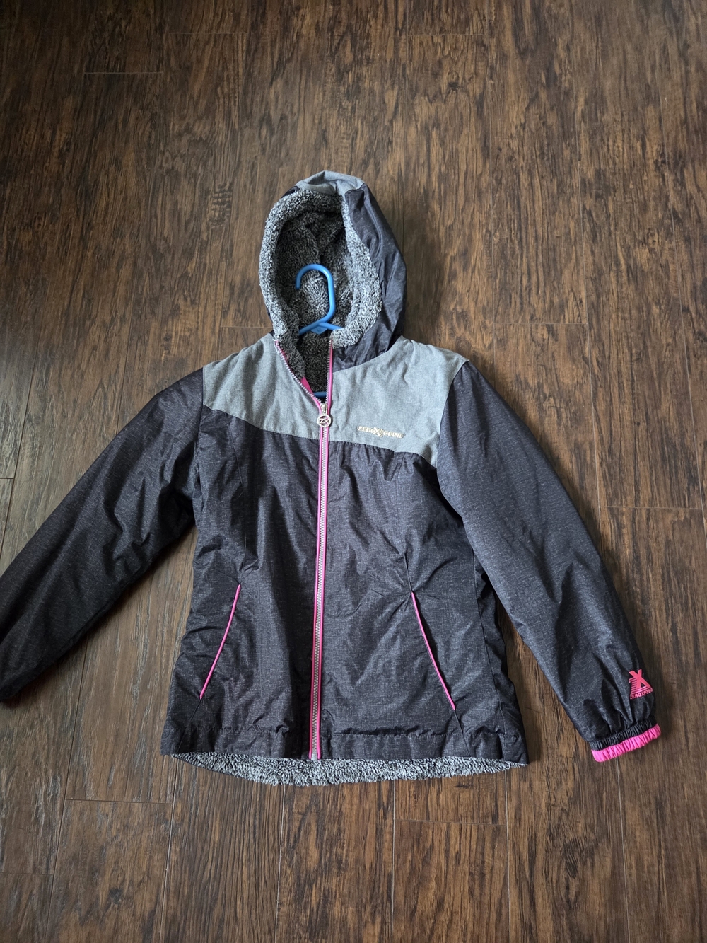 ZeroXposur Black & Gray Hooded Puffer Jacket with Pink Trim
